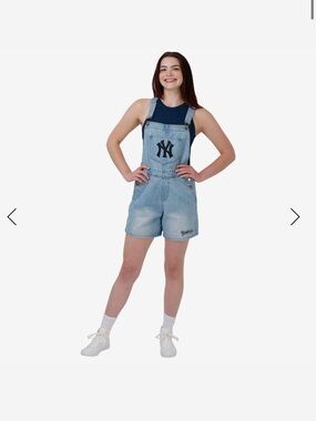 MLB New York Yankees Light Blue Denim Short Overalls with Navy Logo